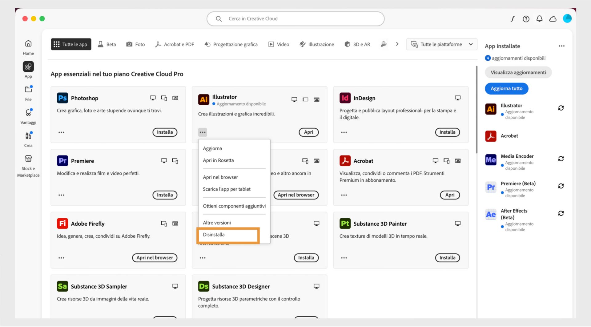 Il menu di scelta rapida per un'app Creative Cloud include le opzioni per l'apertura nel browser e la disinstallazione. 