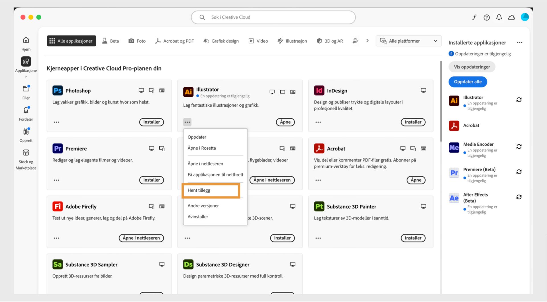 Kontekstmenyen for en Creative Cloud-applikasjon innbefattet alternativer for å åpne i nettleser og avinstallere. 