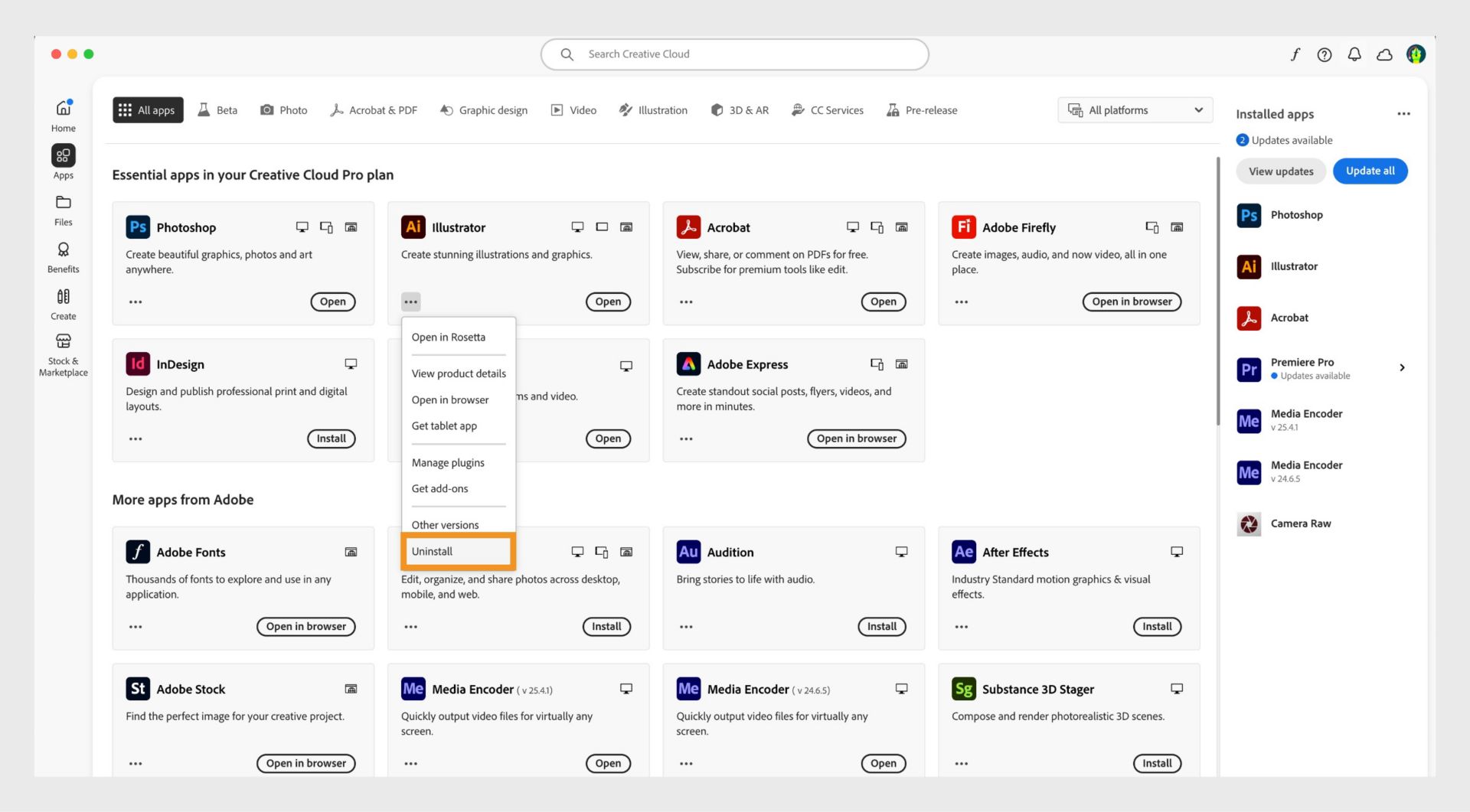 The context menu for a Creative Cloud app includes options to open in the browser and uninstall.