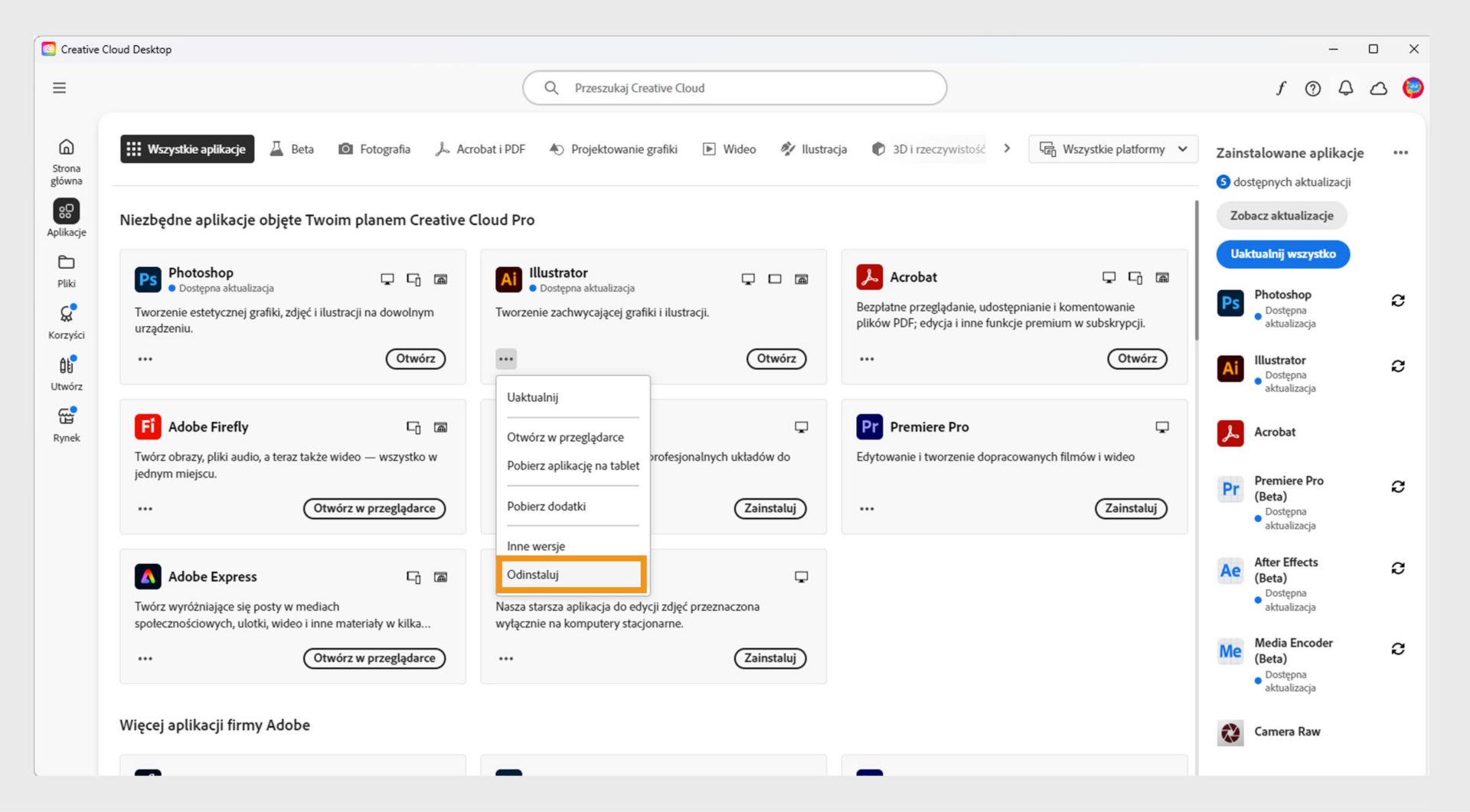 Menu kontekstowe aplikacji Creative Cloud oferuje opcję odinstalowania aplikacji. 