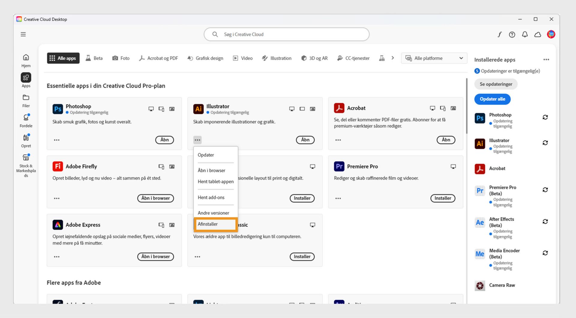 Genvejsmenuen for en Creative Cloud-app giver mulighed for at afinstallere appen.