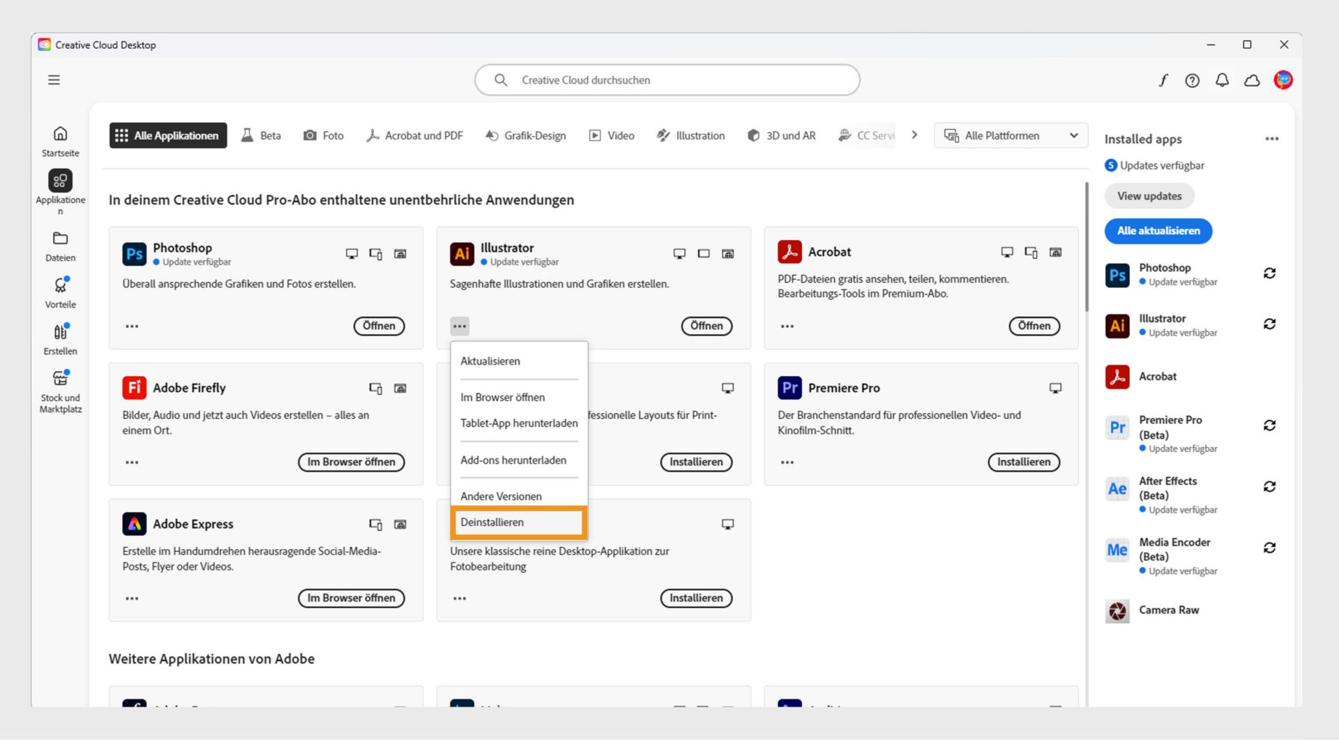 Das Kontextmenü für einen Creative Cloud-Client bietet die Option, die Anwendung zu deinstallieren.