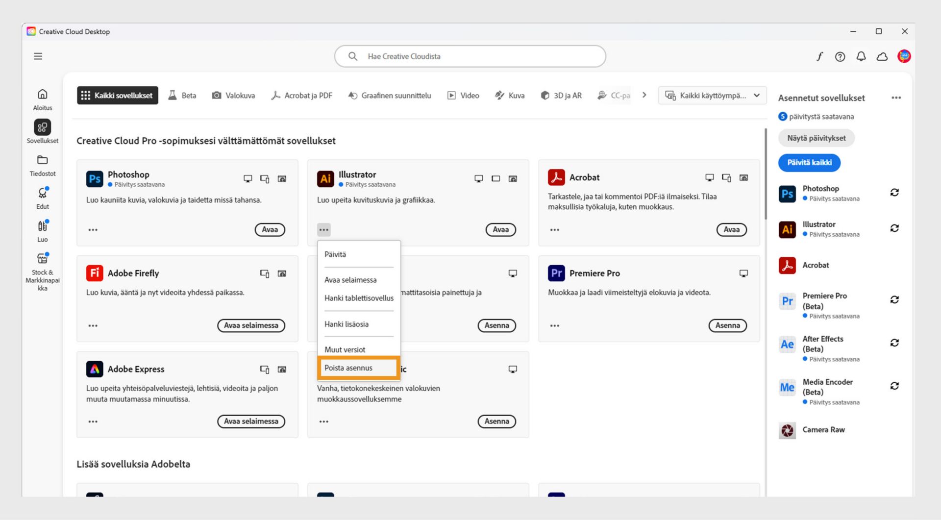 Creative Cloud -sovelluksen kontekstivalikko tarjoaa vaihtoehdon sovelluksen poistamiseen.