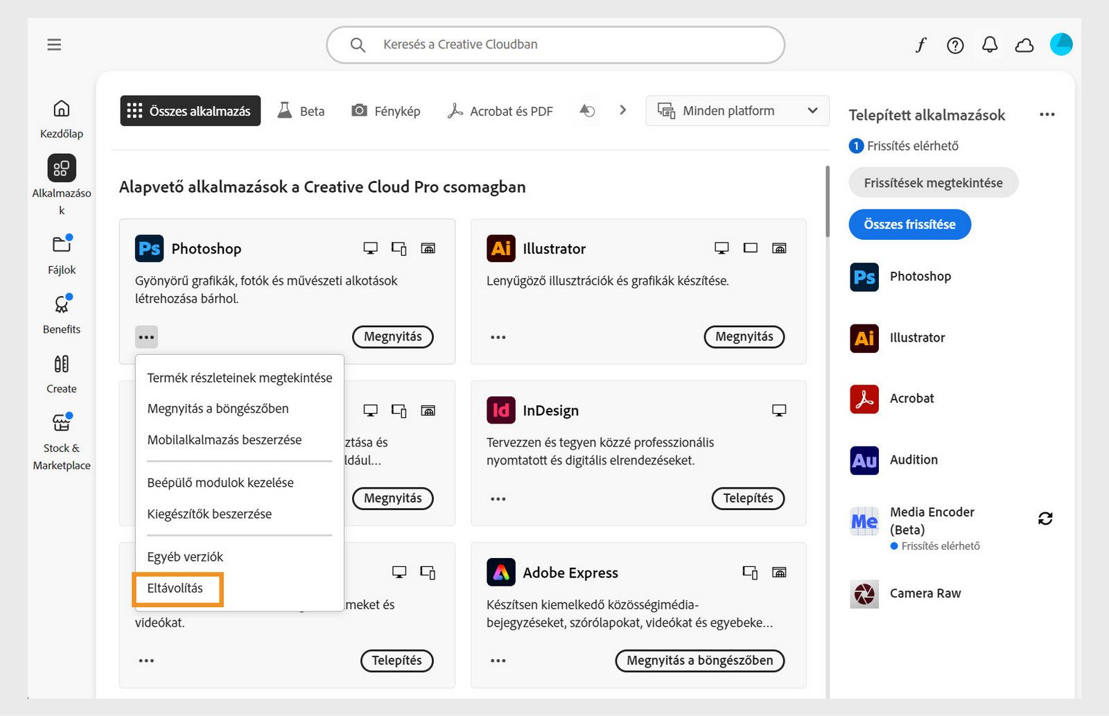 A Creative Cloud-alkalmazás helyi menüje tartalmaz lehetőséget a böngészőben való megnyitásra és az eltávolításra. 