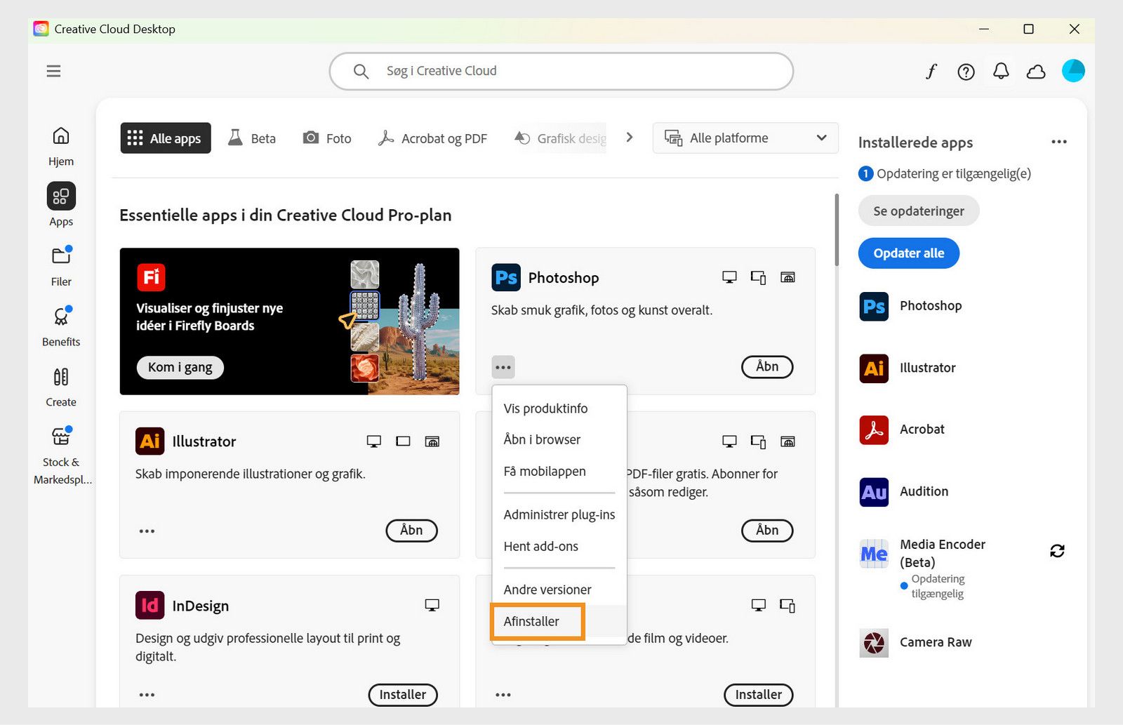 Genvejsmenuen for en Creative Cloud-app inkluderer muligheder for at åbne i browseren og afinstallere. 