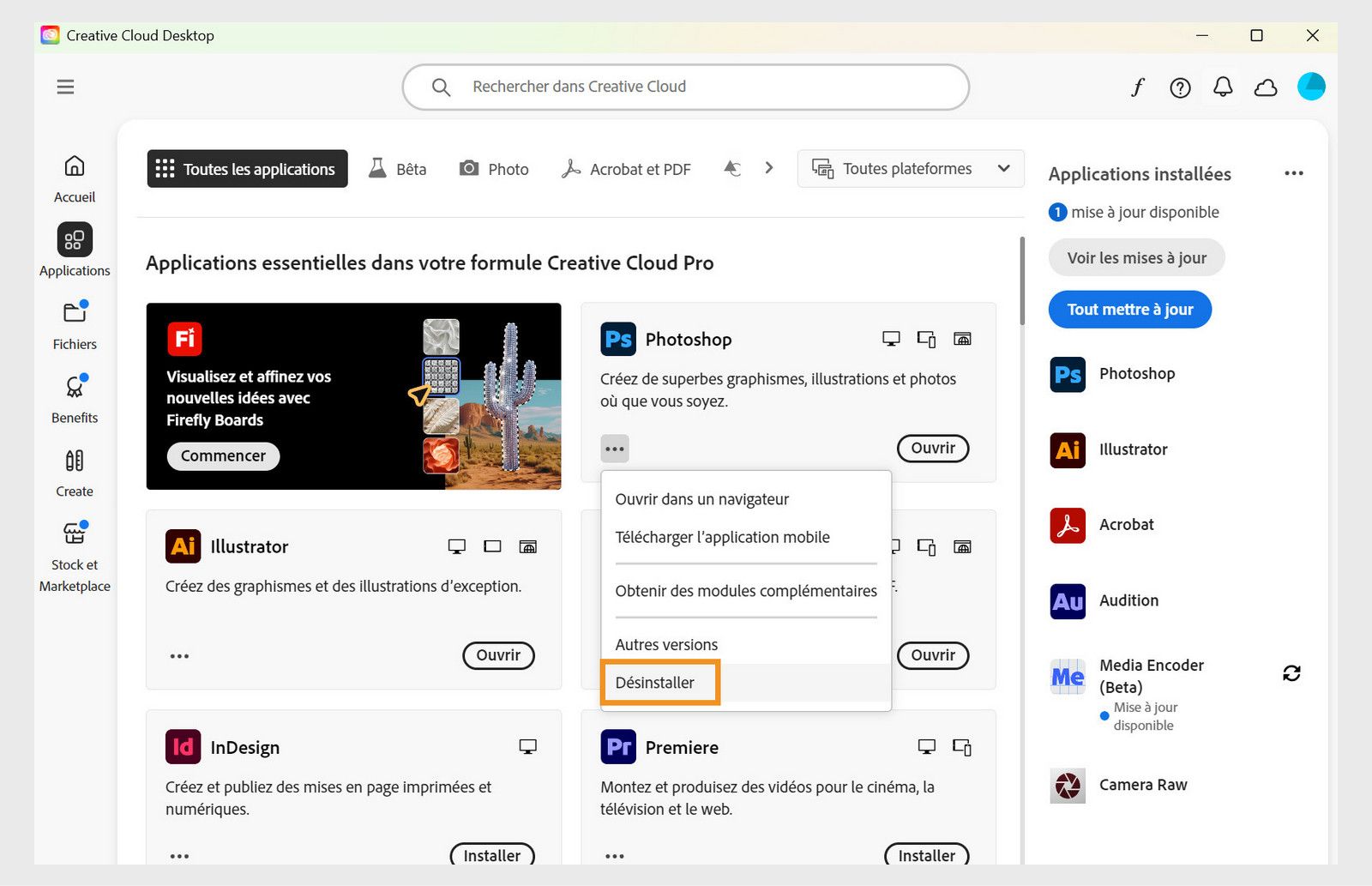 Le menu contextuel d’une application Creative Cloud comprend des options d’ouverture dans le navigateur et de désinstallation. 