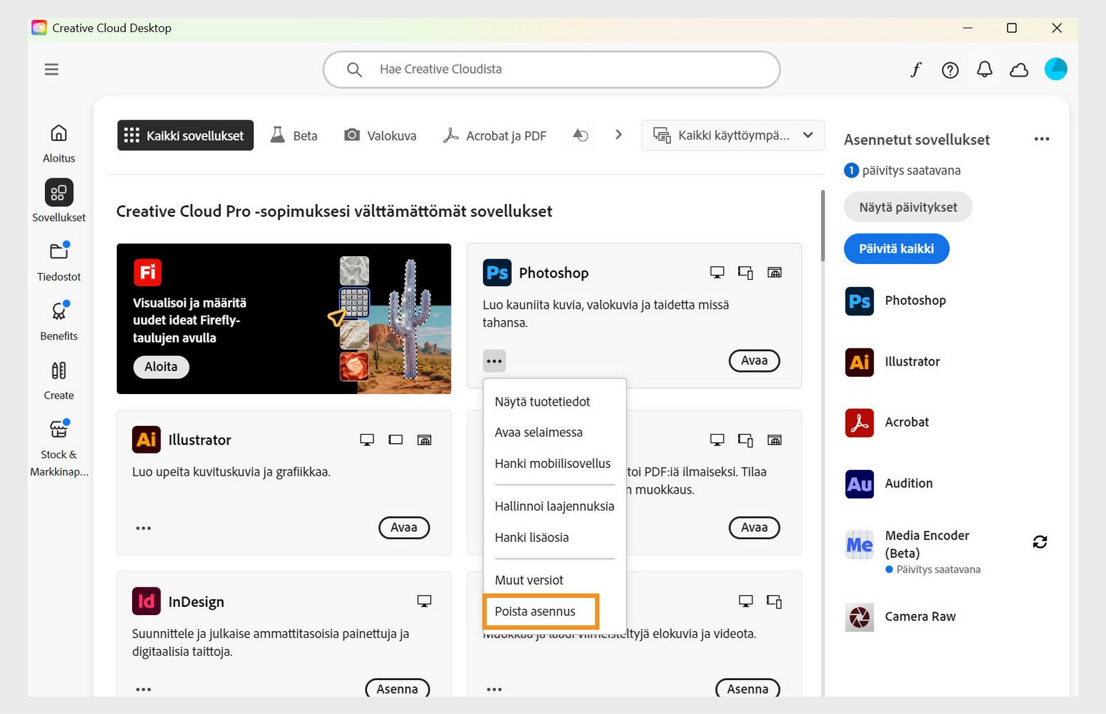 Creative Cloud ‑sovelluksen pikavalikko, joka sisältää selaimessa avaamisen ja asennuksen poistamisen vaihtoehdot. 