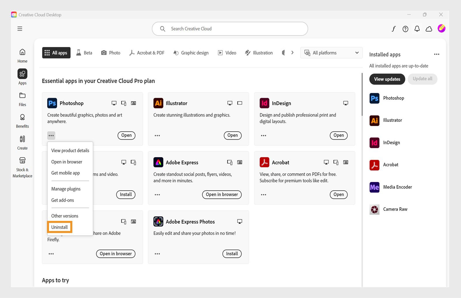 تتضمن قائمة السياق لتطبيق Creative Cloud خيارات لفتح التطبيق في المستعرض وإلغاء تثبيته. 