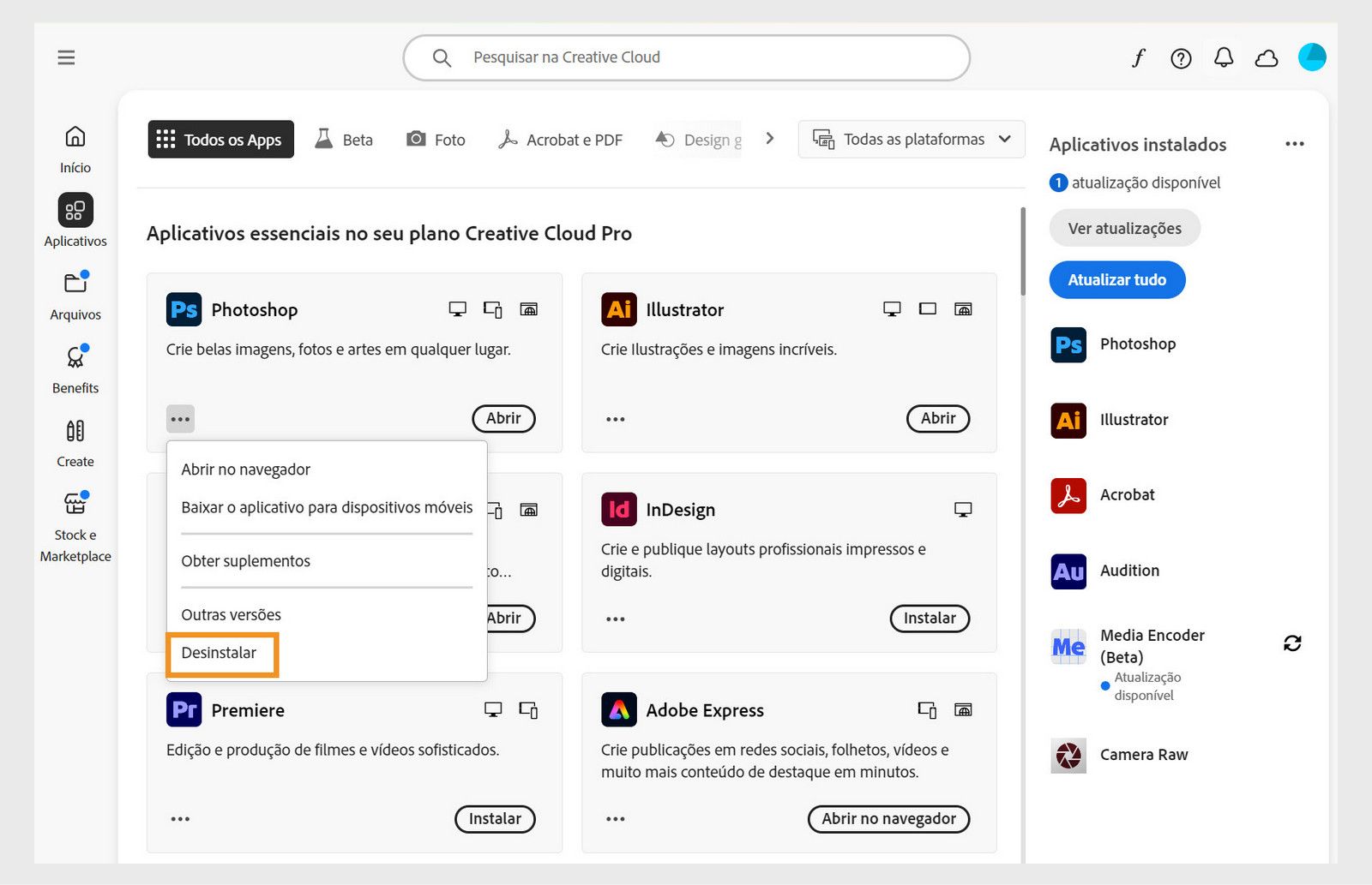 O menu de contexto de um aplicativo da Creative Cloud inclui opções para abrir no navegador e desinstalar. 