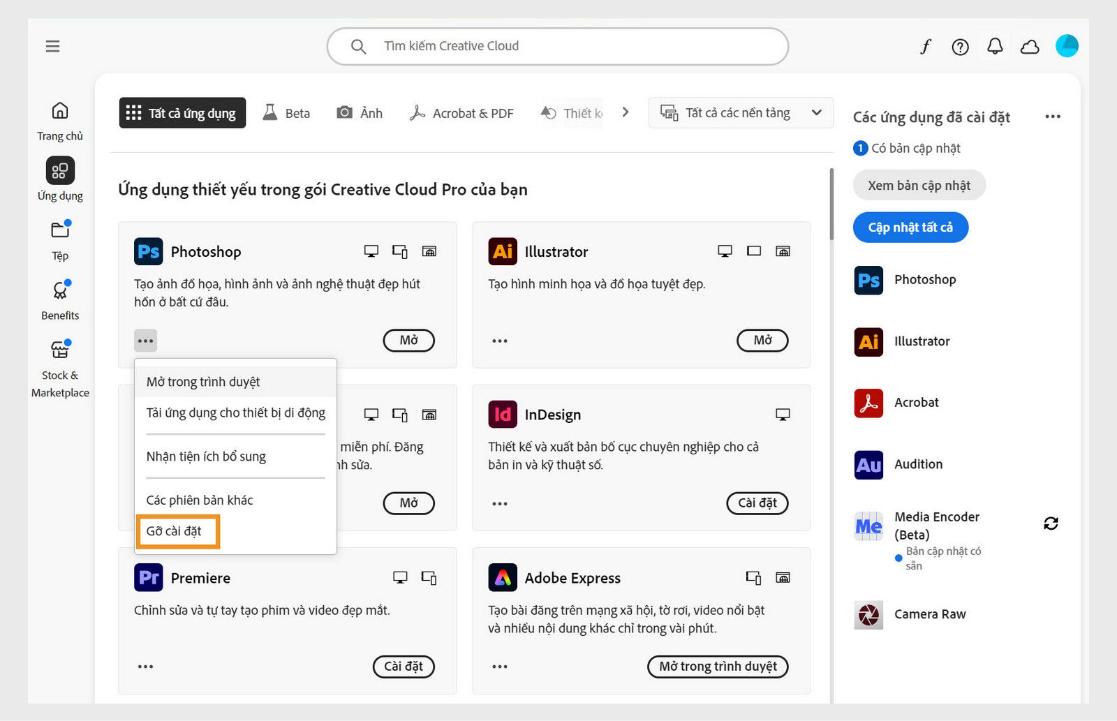 Menu ngữ cảnh cho ứng dụng Creative Cloud bao gồm các tùy chọn để mở trong trình duyệt và gỡ cài đặt. 