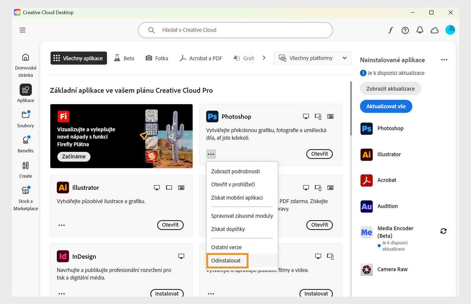 Kontextová nabídka pro aplikaci Creative Cloud obsahuje možnosti k otevření v prohlížeči a odinstalaci. 
