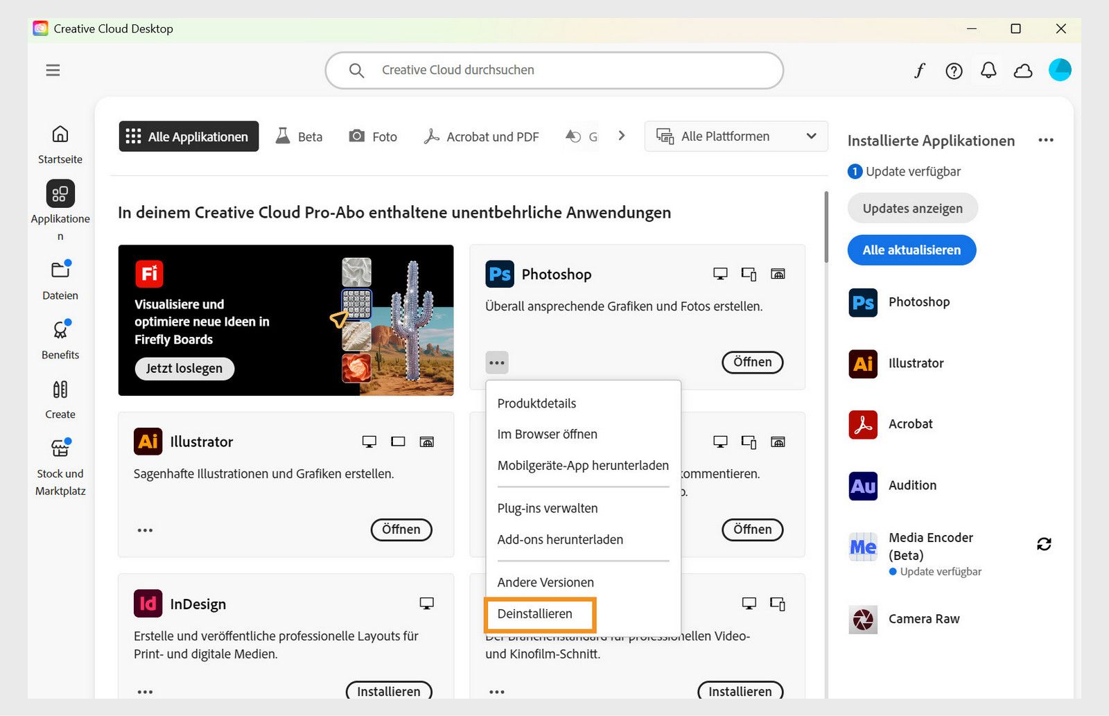 Das Kontextmenü für eine Creative Cloud-Applikation mit Optionen zum Öffnen im Browser und zur Deinstallation. 