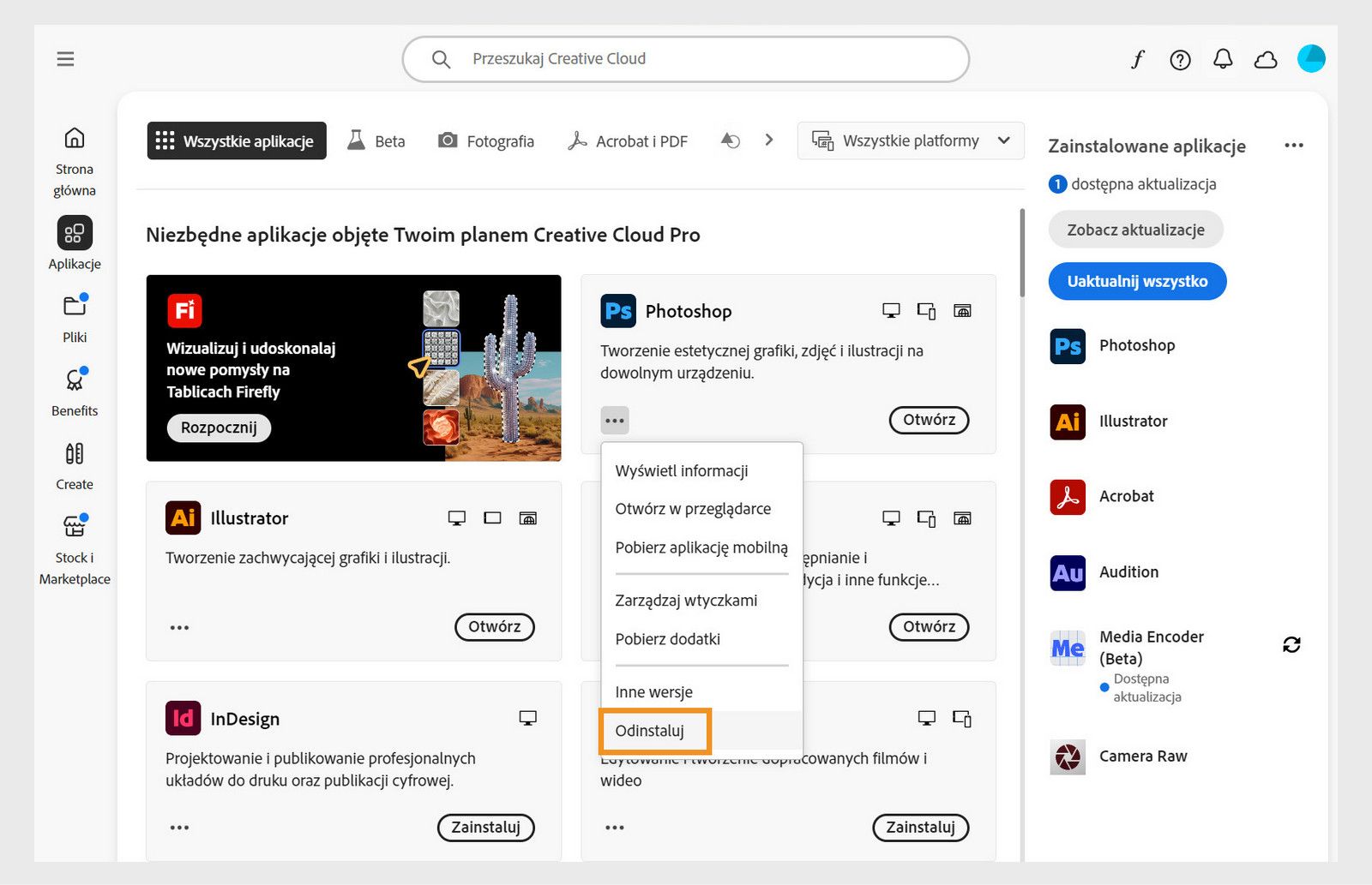 Menu kontekstowe aplikacji Creative Cloud z widocznymi opcjami otwierania w przeglądarce i odinstalowywania. 