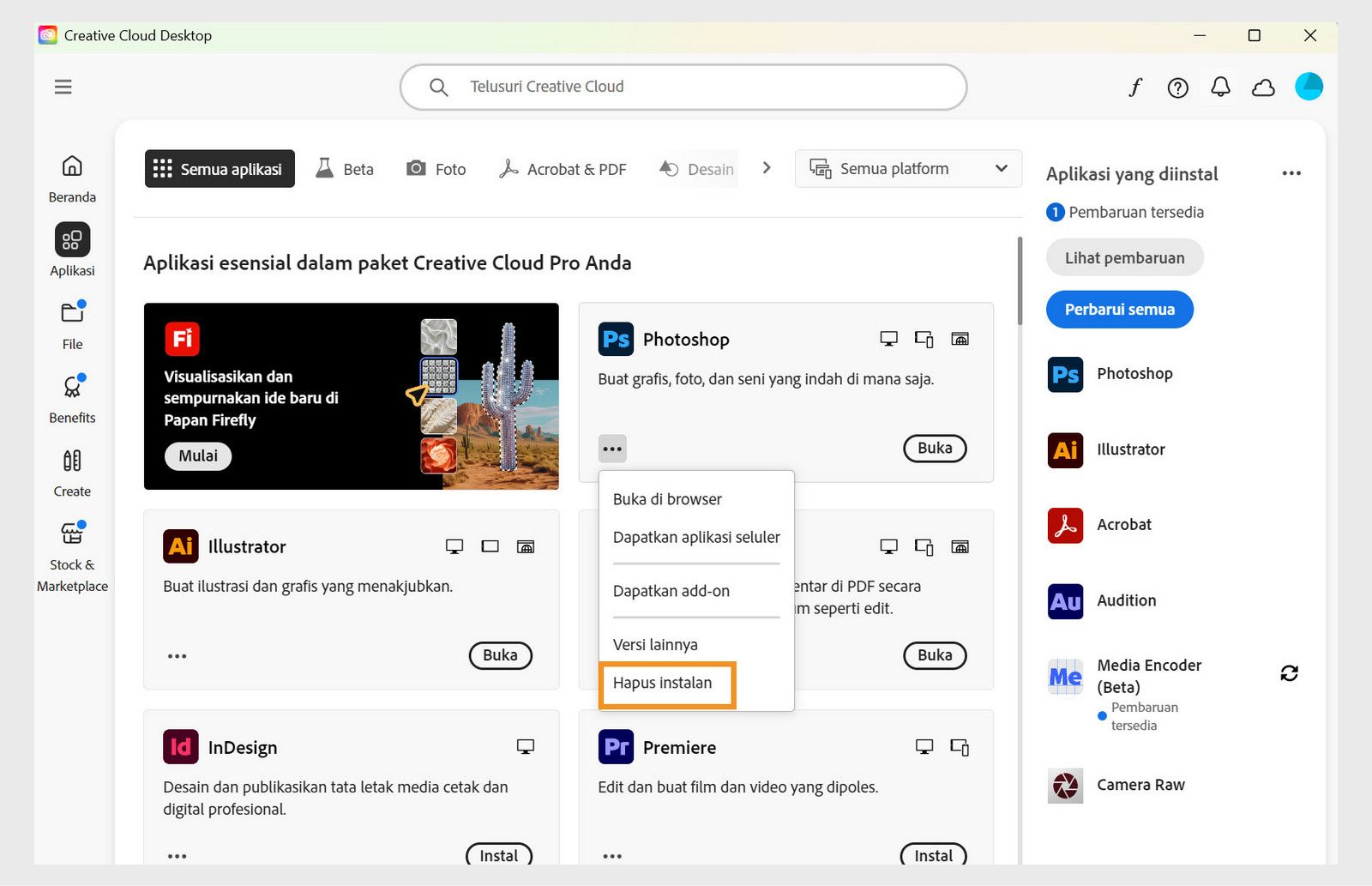 Menu konteks untuk aplikasi Creative Cloud Desktop berisi opsi untuk membuka Creative Cloud di browser dan menghapus instalan. 