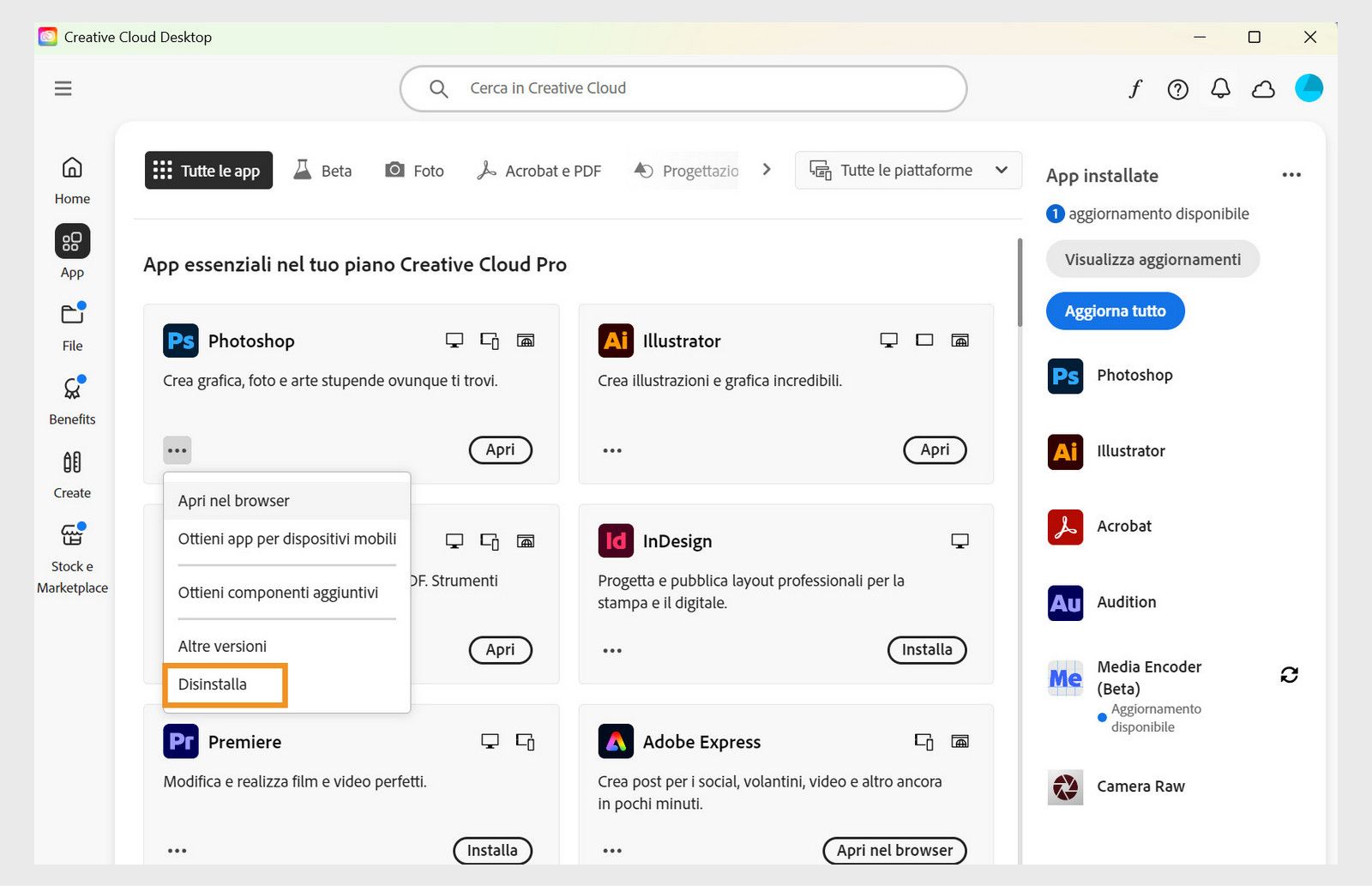 Il menu di scelta rapida per un'app Creative Cloud include le opzioni per l'apertura nel browser e la disinstallazione. 