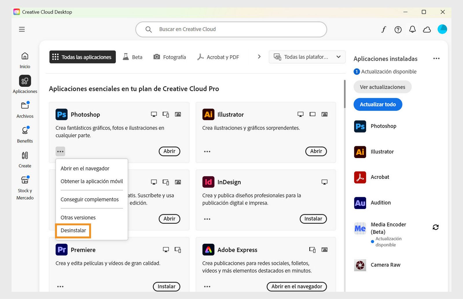 El menú contextual de una aplicación de Creative Cloud incluye opciones para abrir en el navegador y desinstalar. 
