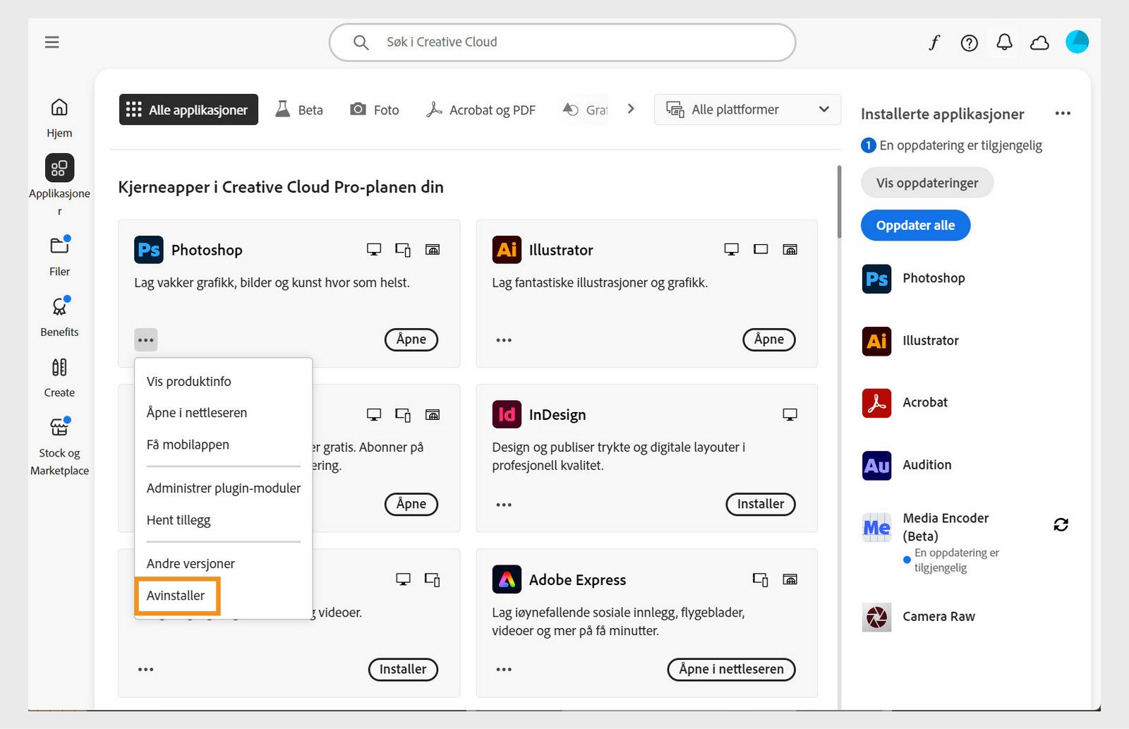 Kontekstmenyen for en Creative Cloud-applikasjon innbefattet alternativer for å åpne i nettleser og avinstallere. 