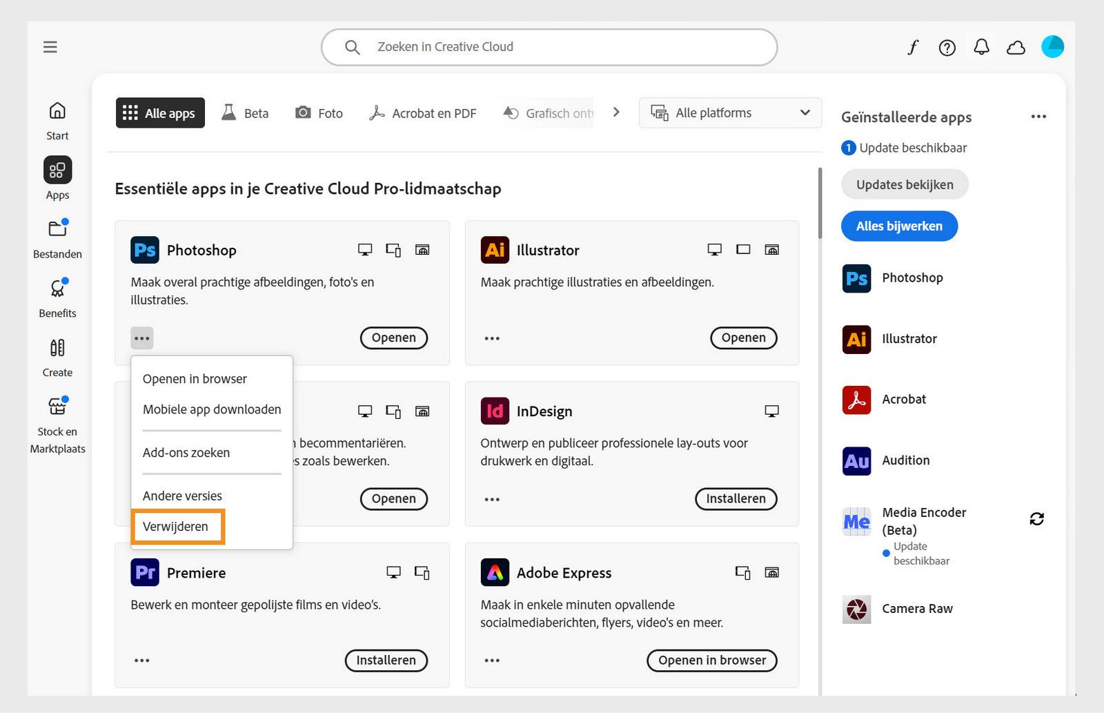 Het contextmenu voor een Creative Cloud-app bevat opties om de app in de browser te openen en te verwijderen. 