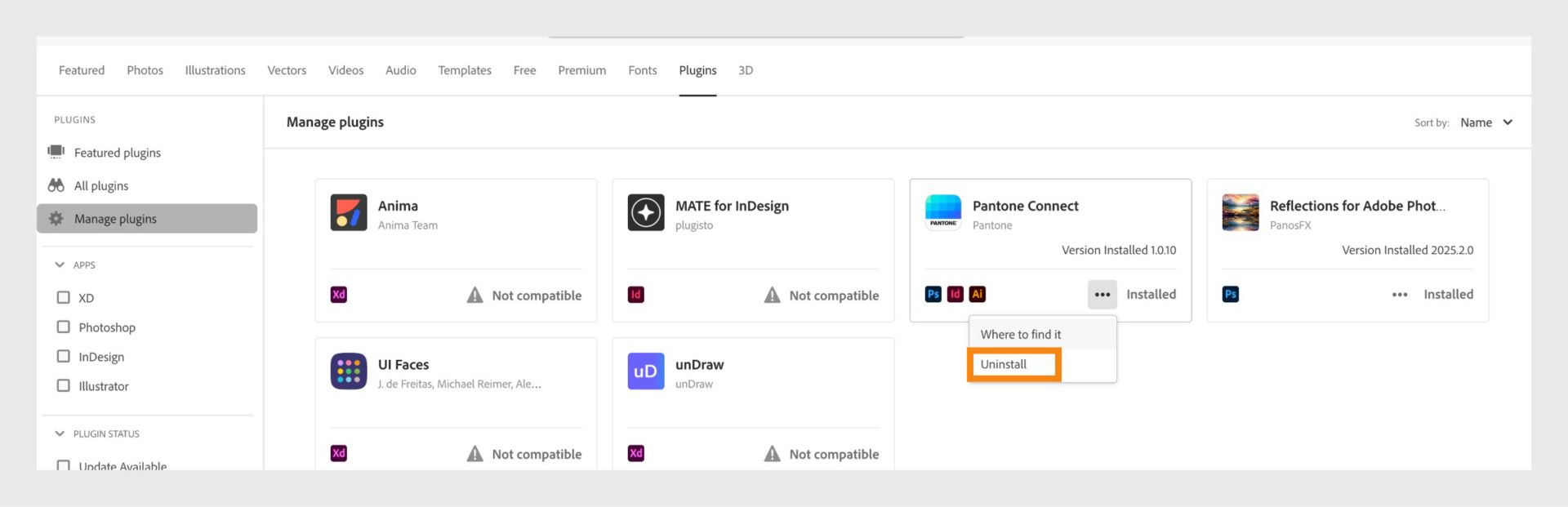A janela Plug-ins no aplicativo do aplicativo de desktop da Creative Cloud exibe a opção para Desinstalar um plug-in.