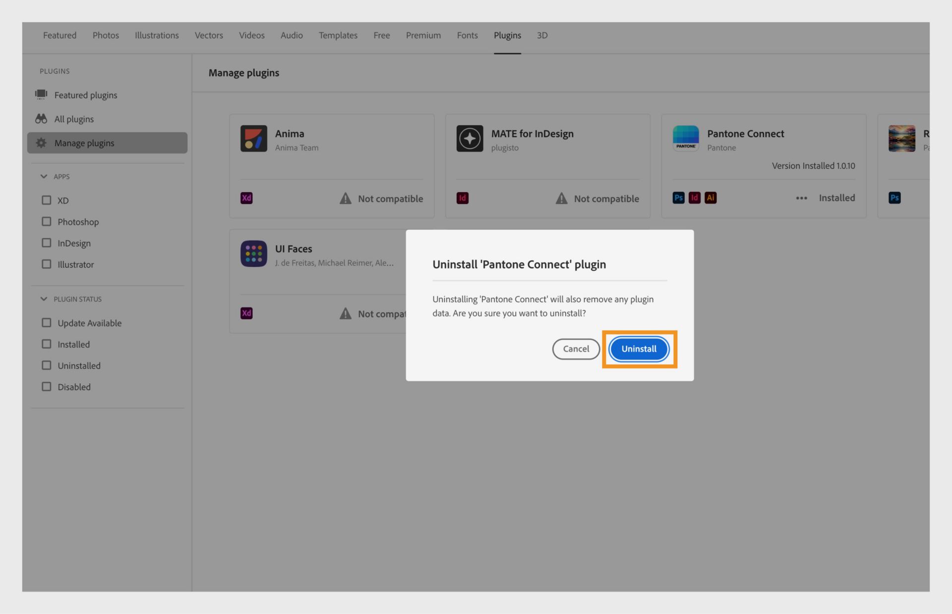 V dialogovém okně k potvrzení akce pro zásuvný modul v aplikaci Creative Cloud pro počítače je zobrazena možnost Odinstalovat nebo Zrušit.