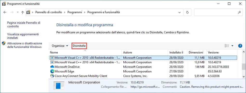 Disinstallazione dei pacchetti Microsoft Visual