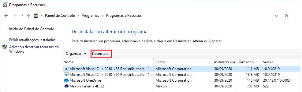Desinstalar os pacotes do Microsoft Visual