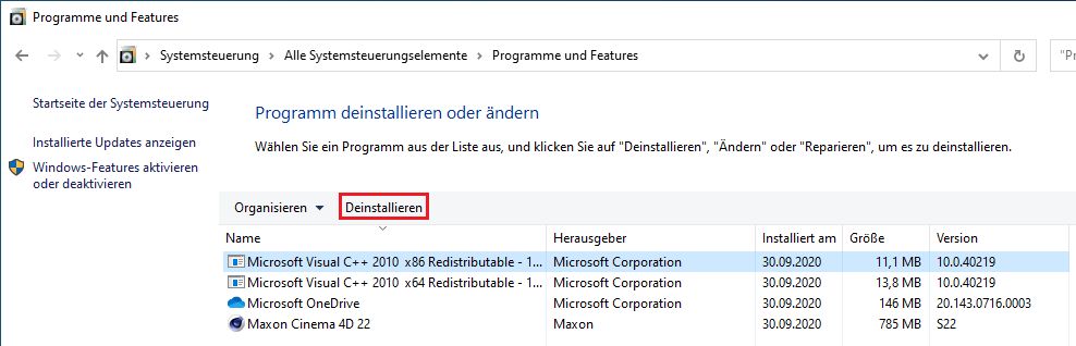 Deinstallieren der Microsoft Visual-Pakete