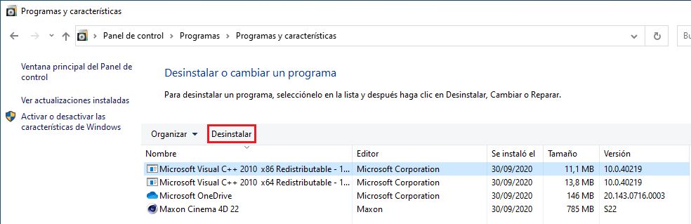 Desinstalar paquetes de Microsoft Visual