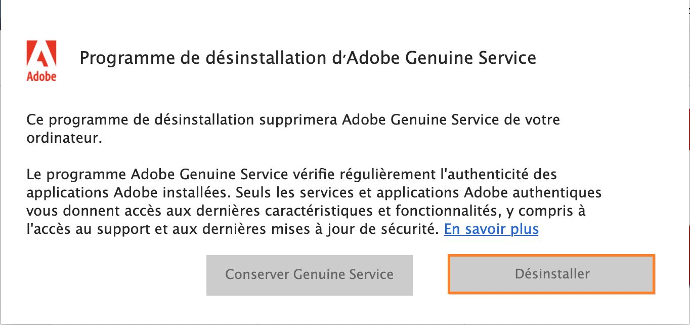 Notification de désinstallation d’Adobe Genuine Service