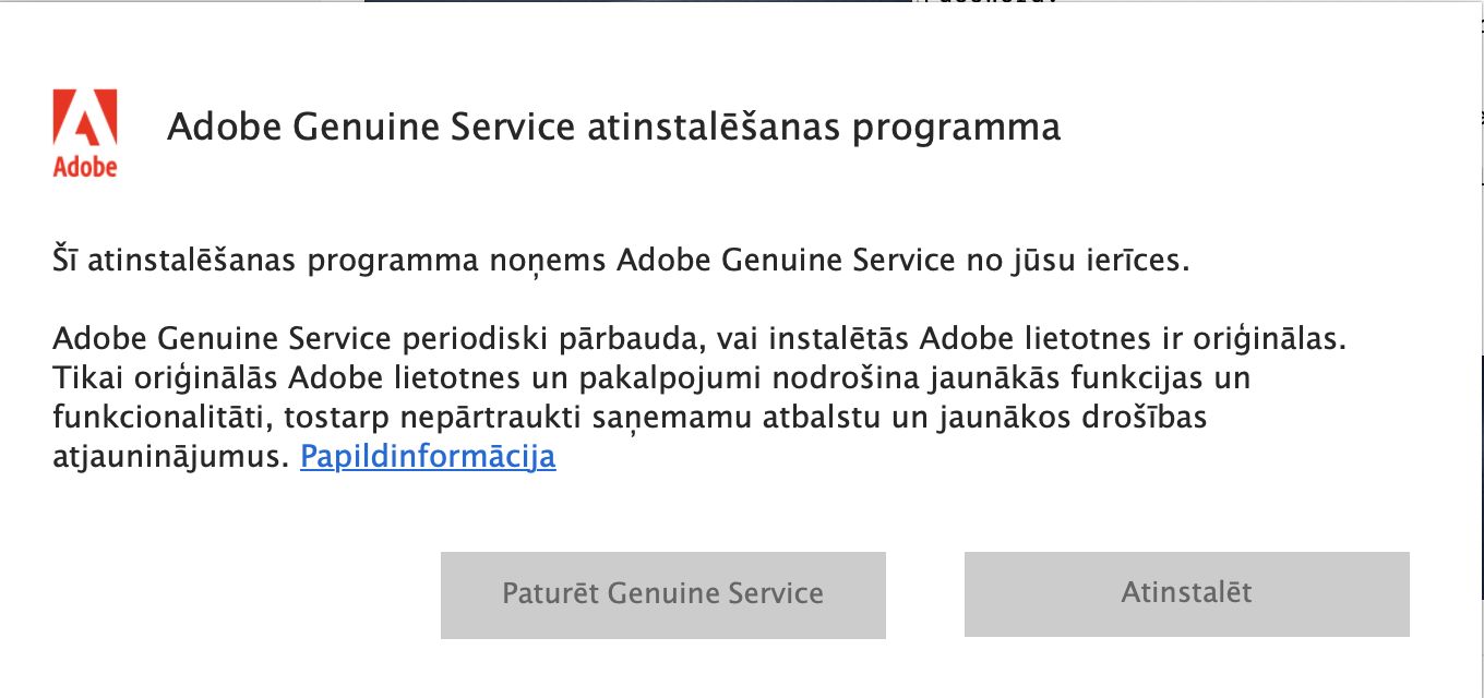 Adobe Genuine Service atinstalēšanas programmas paziņojums