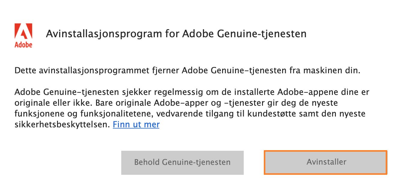 Varsel for avinstallering av Adobe Genuine Service