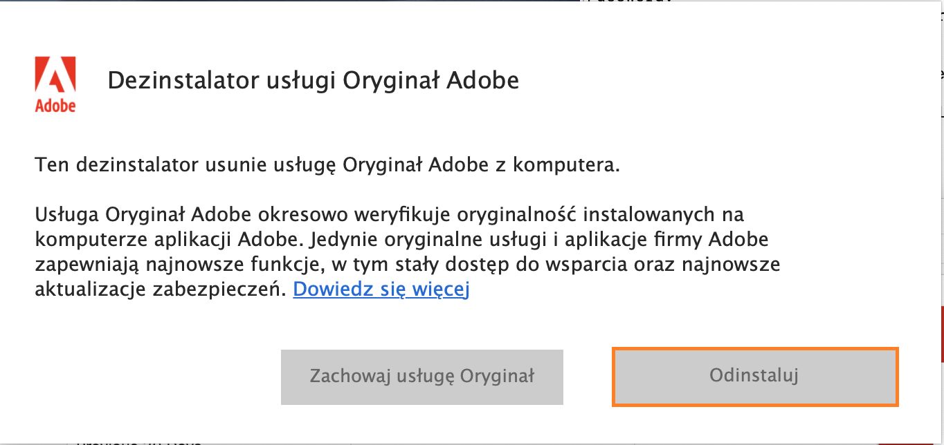 Powiadomienie dezinstalatora usługi Oryginał Adobe