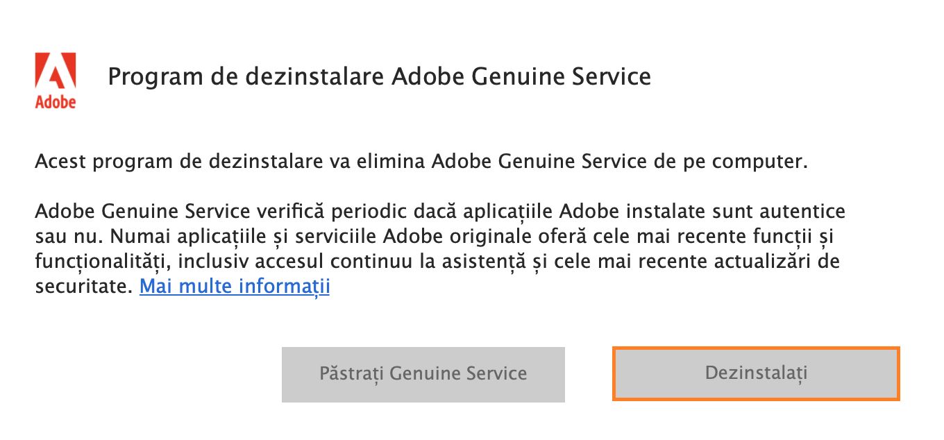 Notificare de dezinstalare a Serviciului Adobe autentic