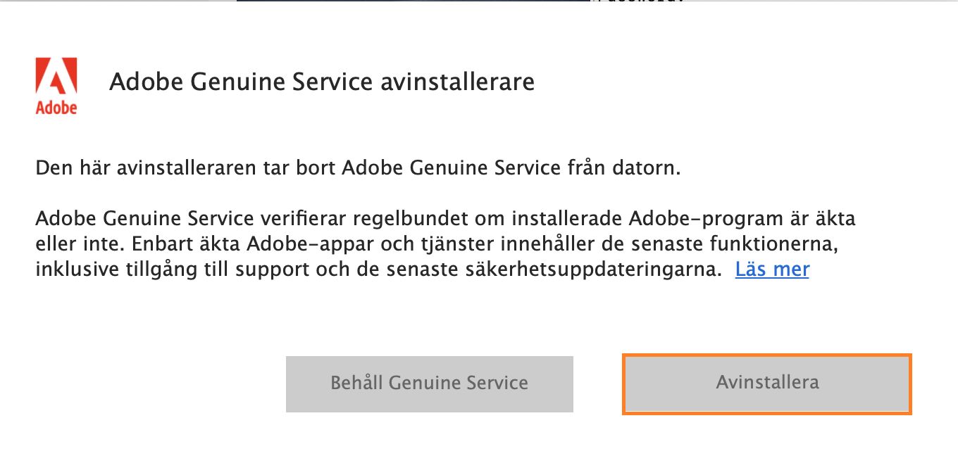 Meddelande om avinstallation av Adobe Genuine Service