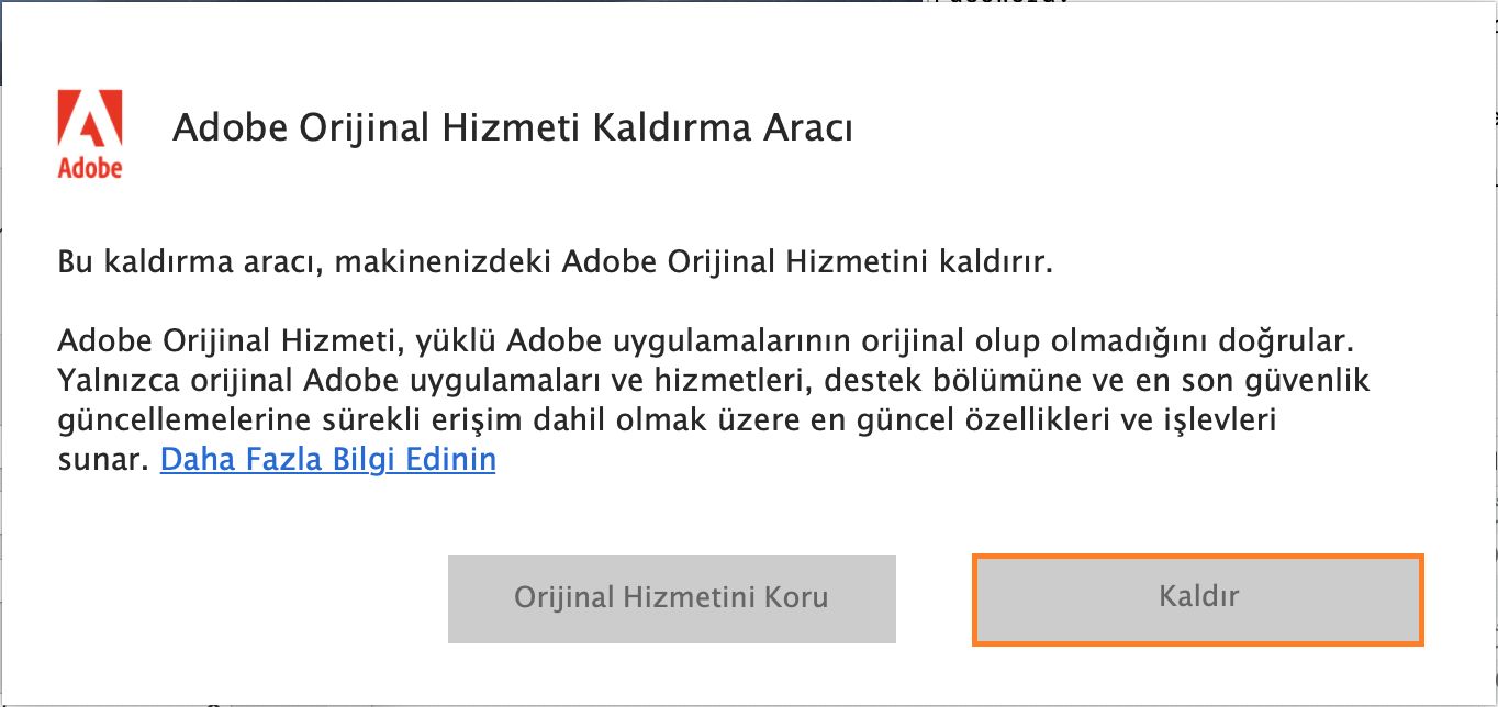 Adobe Orijinal Hizmeti'ni kaldırma bildirimi