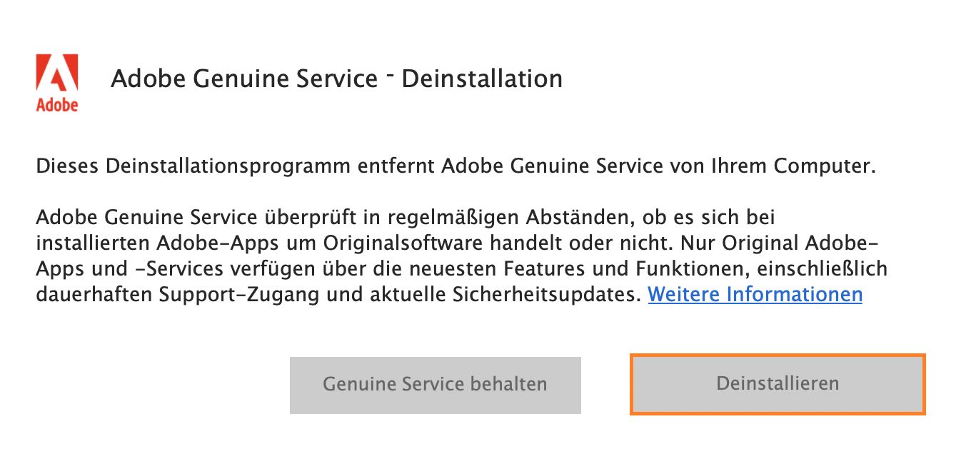 Deinstallationsmeldung für Adobe-Service für Original-Software