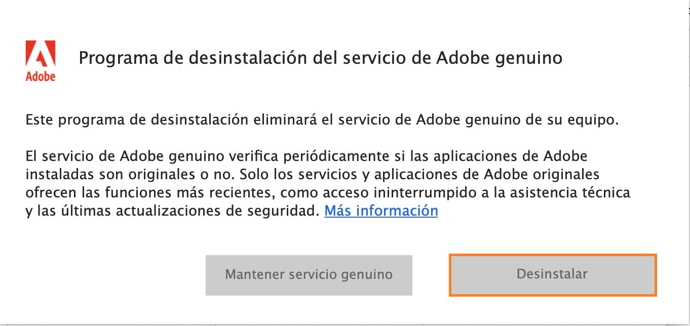 Notificación de desinstalación del servicio de Adobe genuino