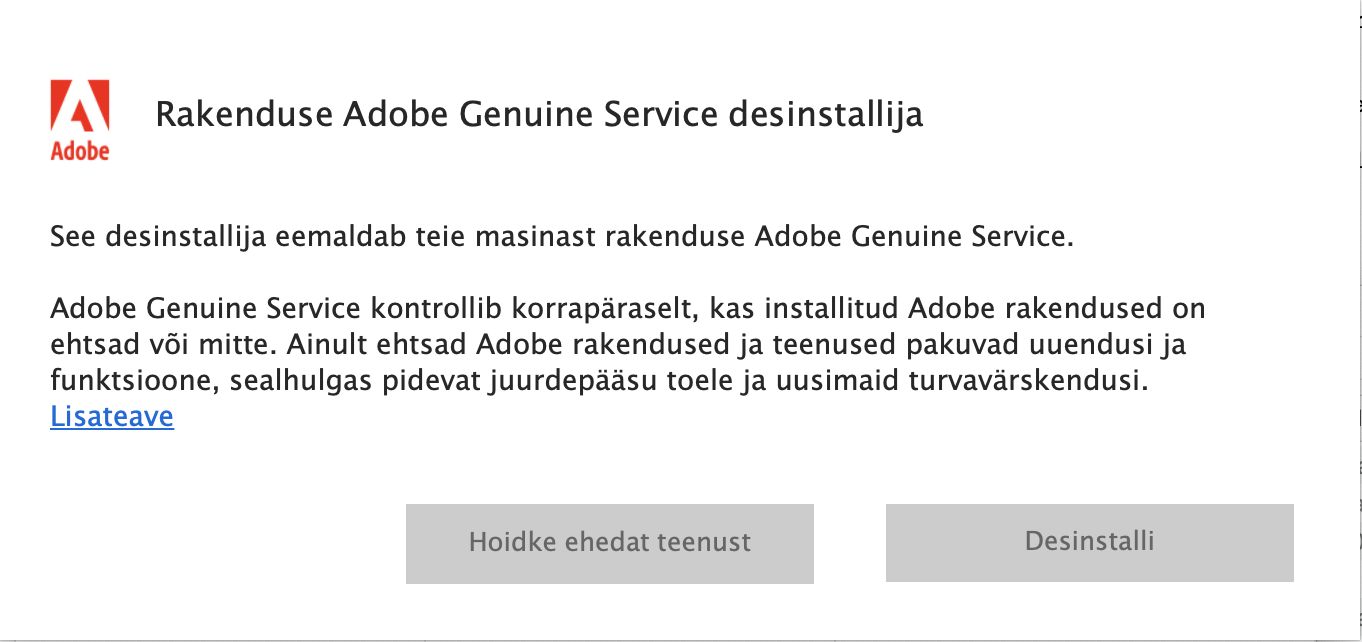 Rakenduse Adobe Genuine Service desinstallija teavitus