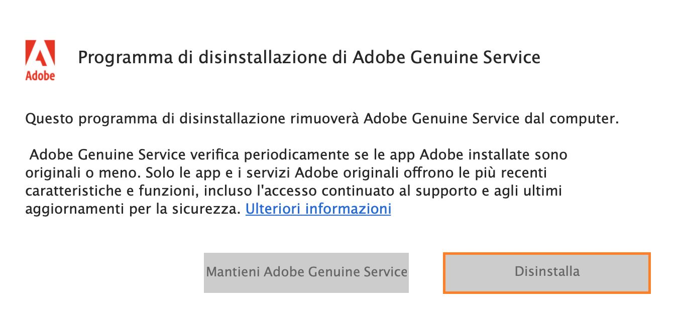 Notifica di disinstallazione di Adobe Genuine Service