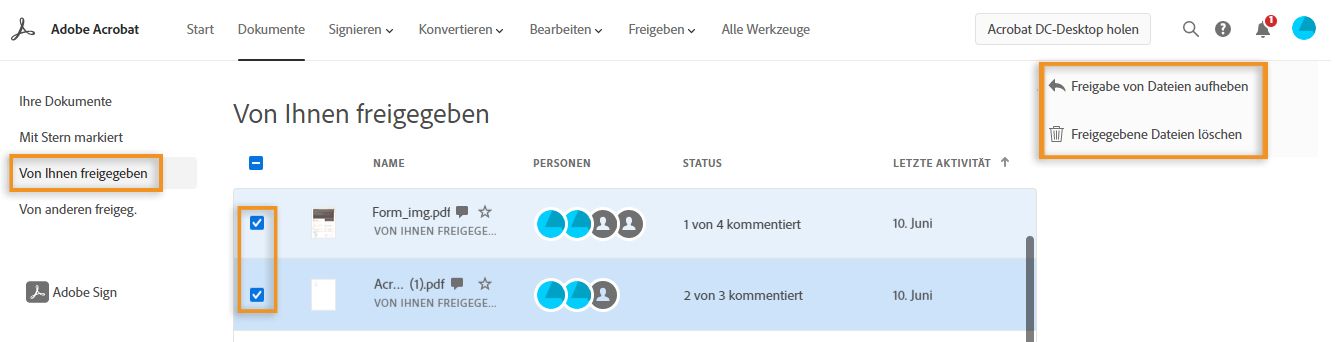 Freigaben aufheben oder freigegebene Dateien löschen