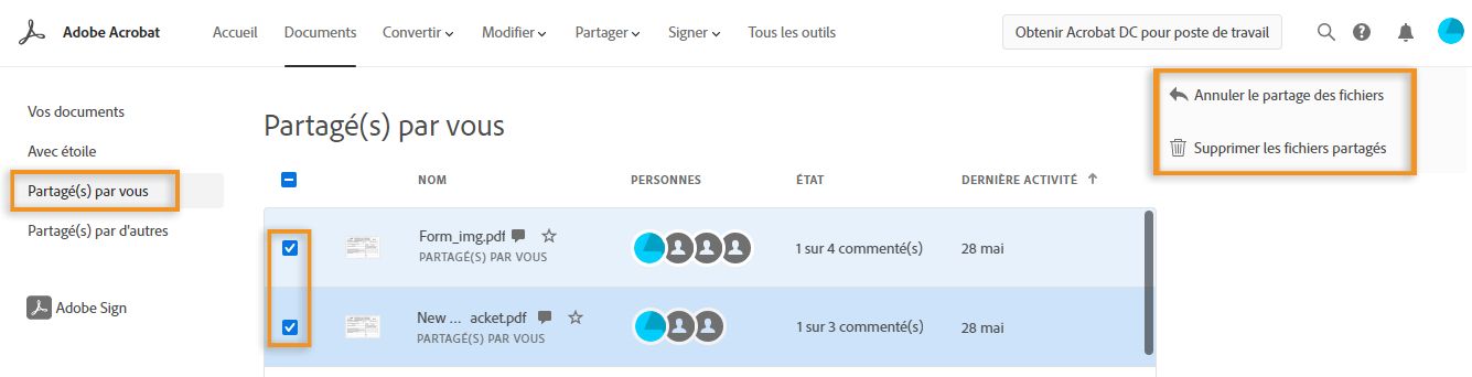 Annulation du partage de fichiers ou suppression de fichiers partagés