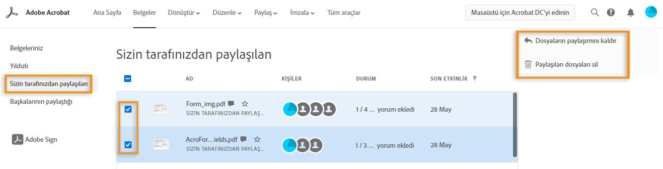 Paylaşılan dosyaların paylaşımını kaldırma veya dosyaları silme