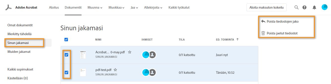 Jaettujen tiedostojen jaon poistaminen tai poistaminen