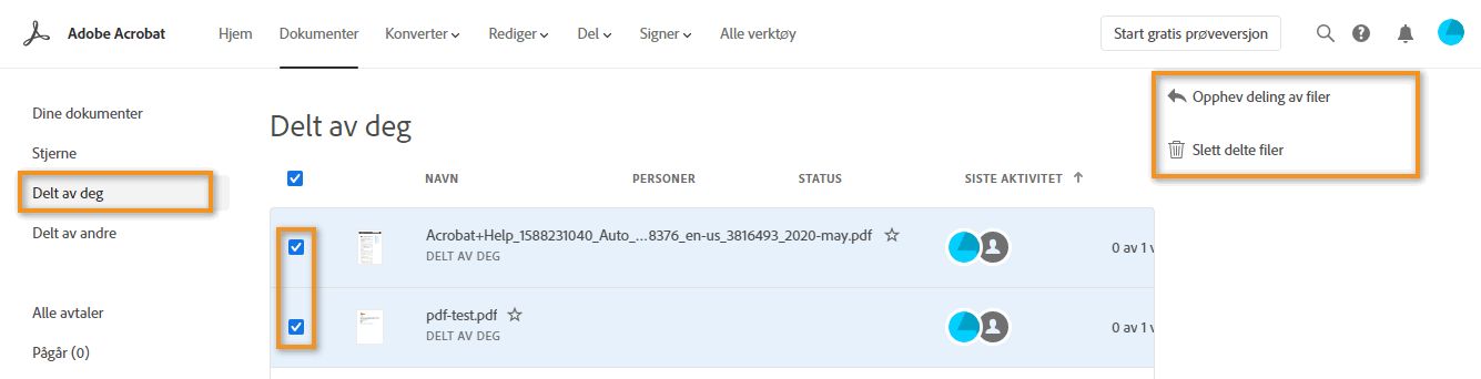 Opphev deling av eller slett delte filer