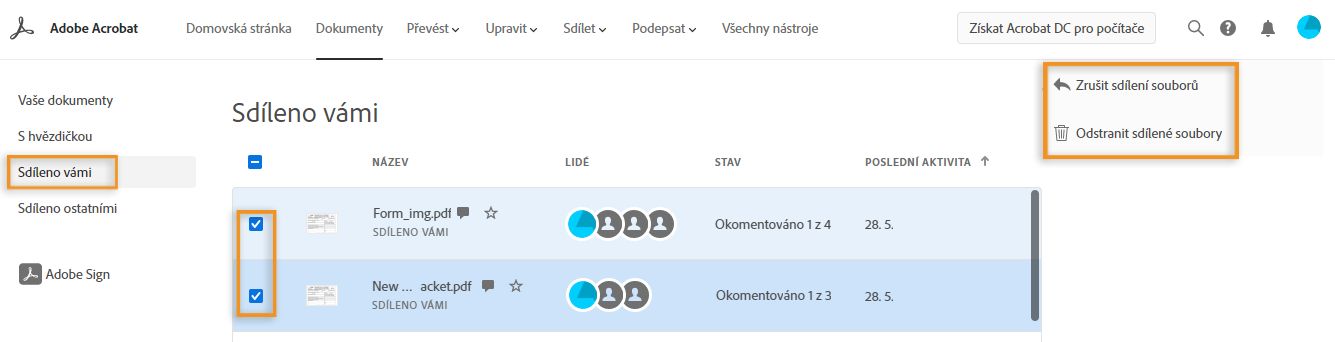 Zrušit sdílení dokumentů nebo smazat sdílené dokumenty