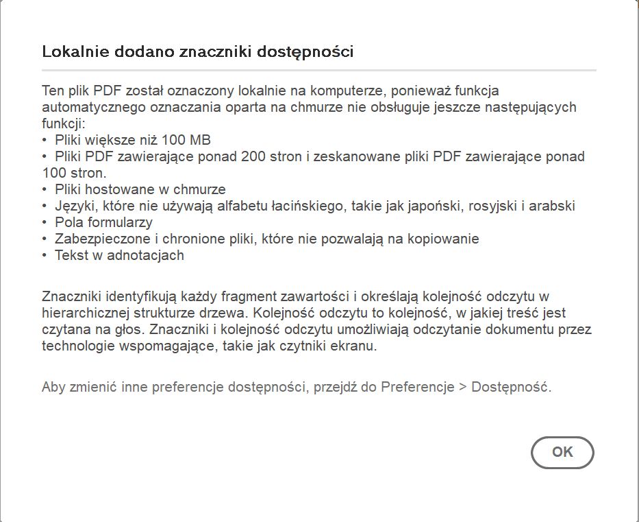 Wybieranie ikony informacji, aby uzyskać więcej informacji o nieobsługiwanych plikach