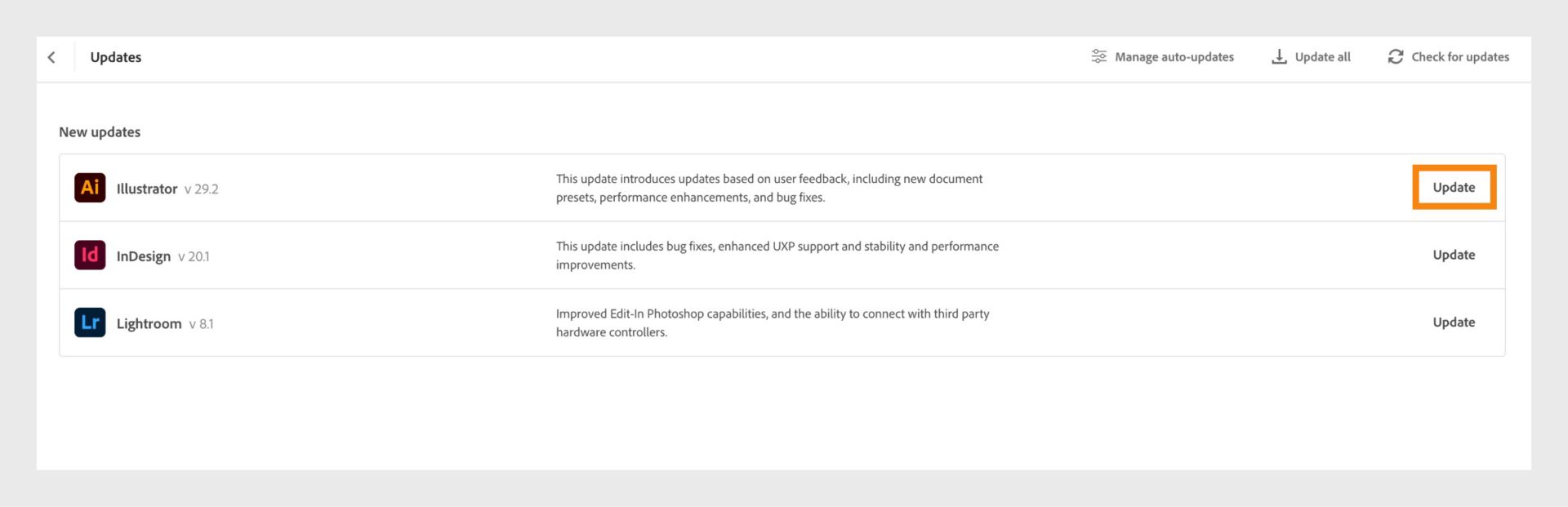 A janela Atualizações do aplicativo de desktop da Creative Cloud mostrando as atualizações disponíveis para seus aplicativos instalados, com opções para atualizar cada aplicativo, atualizar todos os aplicativos, verificar atualizações e gerenciar atualizações.