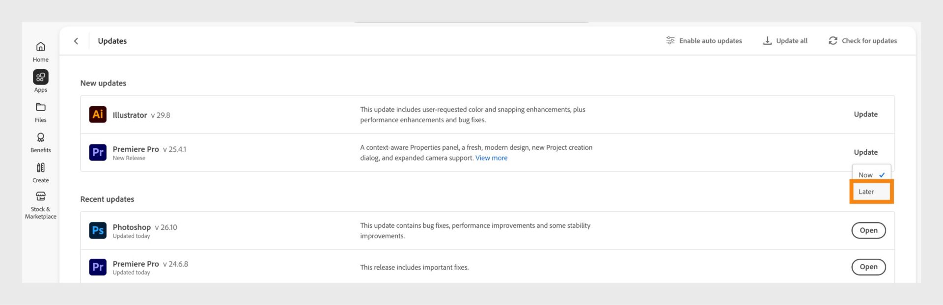 Im Fenster „Update“ wird das Popup-Menü angezeigt, mit dem du eine Applikation jetzt oder später aktualisieren kannst, nachdem du den Mauszeiger über die Schaltfläche „Aktualisieren“ bewegt hast.