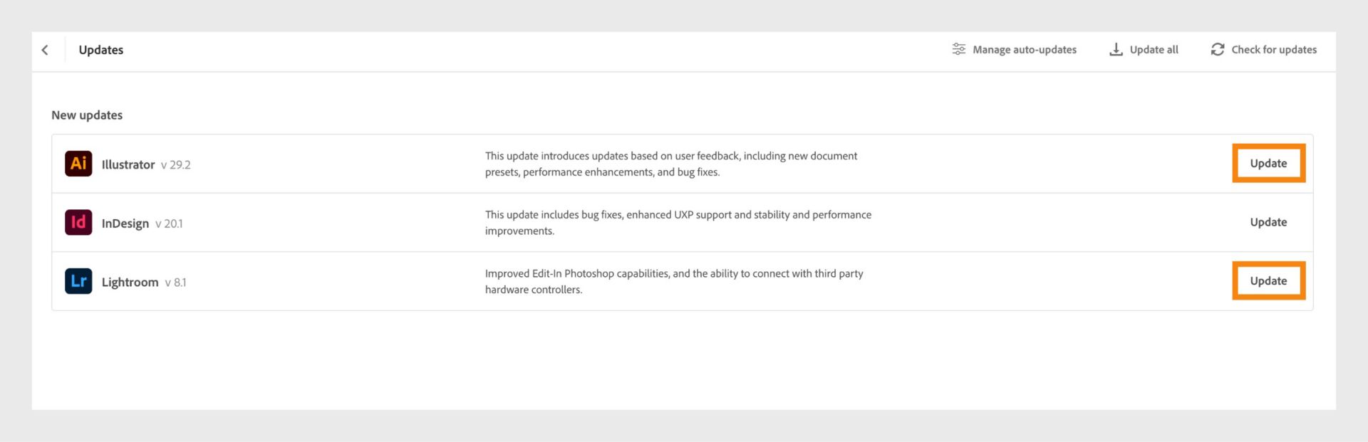 تُظهر نافذة Updates في تطبيق Creative Cloud للكمبيوتر المكتبي التحديثات المتوفرة للتطبيقات المثبتة لديك، مع خيارات لتحديث كل تطبيق، وتحديث جميع التطبيقات، والتحقق من وجود تحديثات، وإدارة التحديثات.