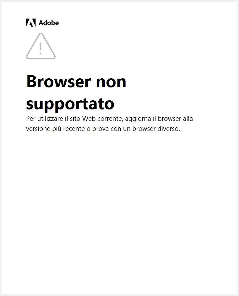 Un avviso per aggiornare le applicazioni, il sistema operativo e il browser Adobe